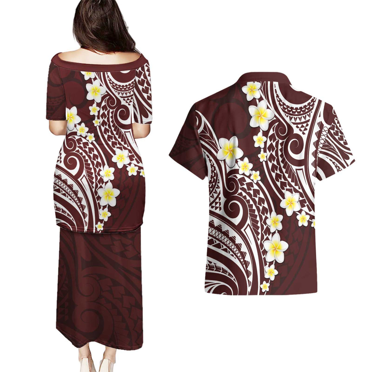 Plumeria With Oxblood Polynesian Tattoo Pattern Couples Matching Puletasi and Hawaiian Shirt LT05 - Polynesian Pride