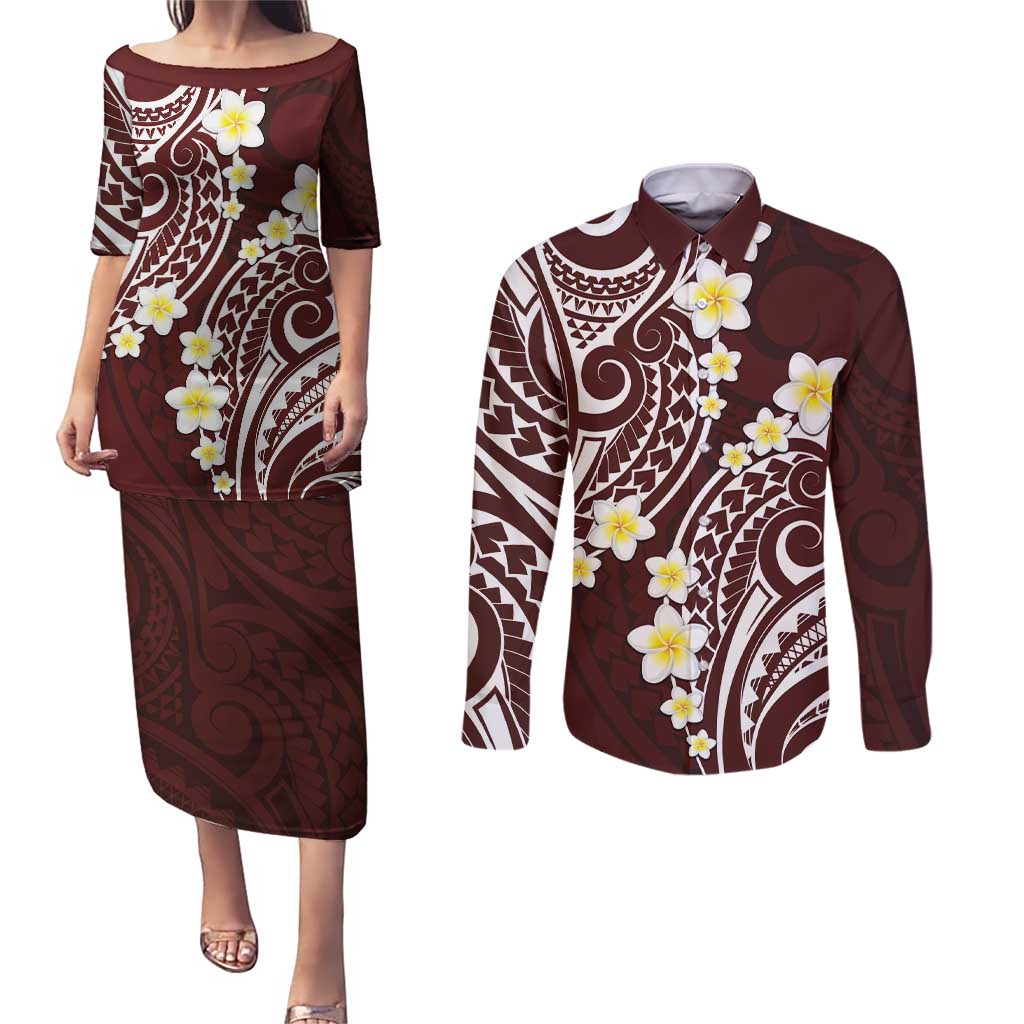 Plumeria With Oxblood Polynesian Tattoo Pattern Couples Matching Puletasi and Long Sleeve Button Shirt LT05 Red - Polynesian Pride