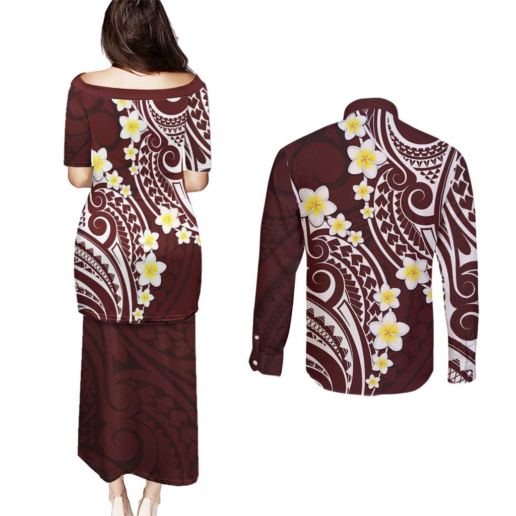 Plumeria With Oxblood Polynesian Tattoo Pattern Couples Matching Puletasi and Long Sleeve Button Shirt LT05 - Polynesian Pride