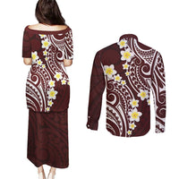 Plumeria With Oxblood Polynesian Tattoo Pattern Couples Matching Puletasi and Long Sleeve Button Shirt LT05 - Polynesian Pride
