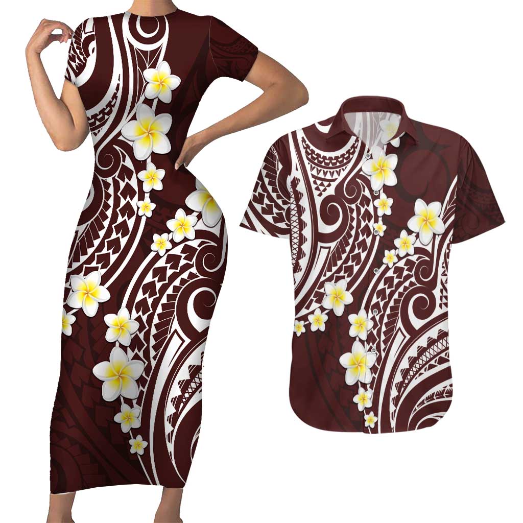 Plumeria With Oxblood Polynesian Tattoo Pattern Couples Matching Short Sleeve Bodycon Dress and Hawaiian Shirt LT05 Red - Polynesian Pride