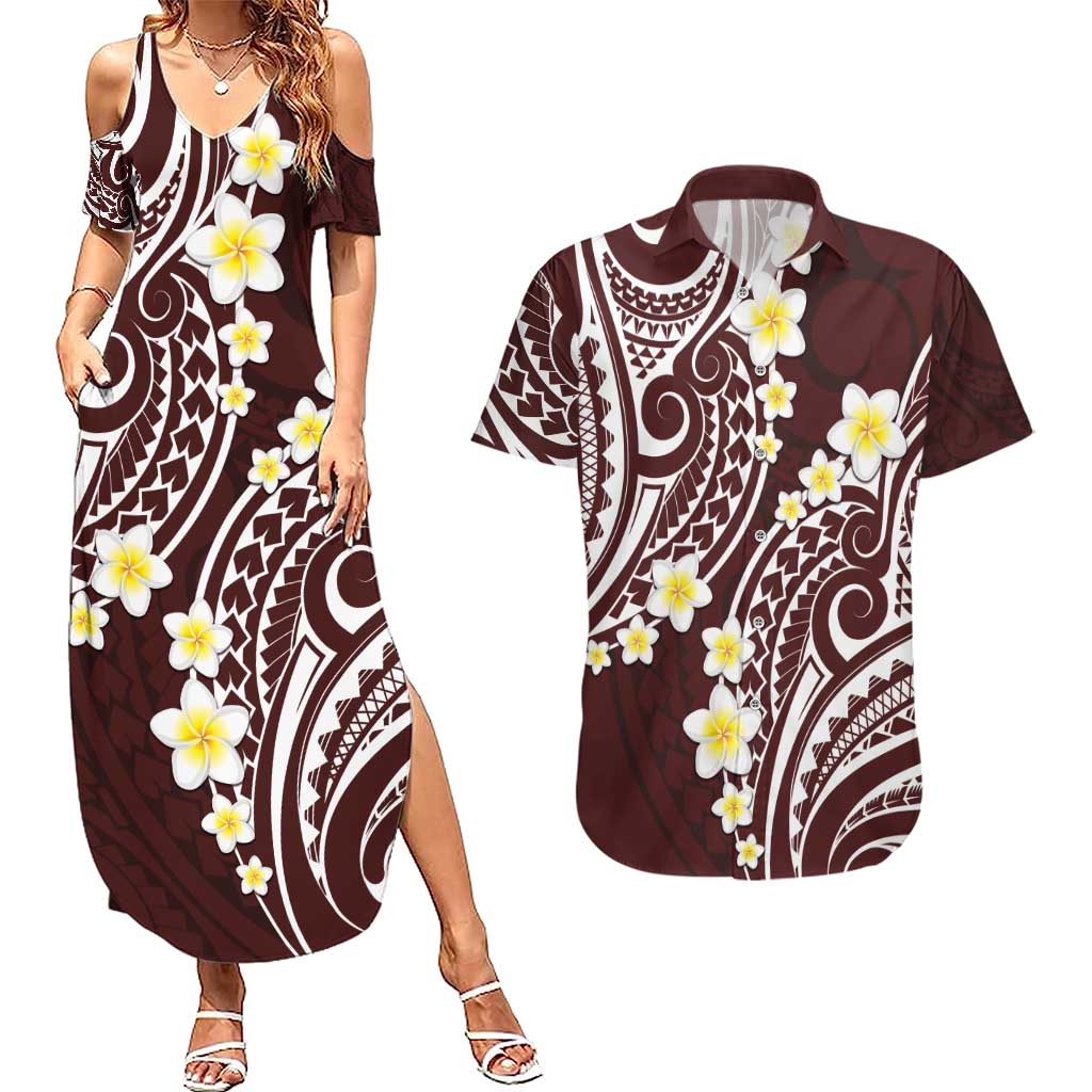 Plumeria With Oxblood Polynesian Tattoo Pattern Couples Matching Summer Maxi Dress and Hawaiian Shirt LT05 Red - Polynesian Pride