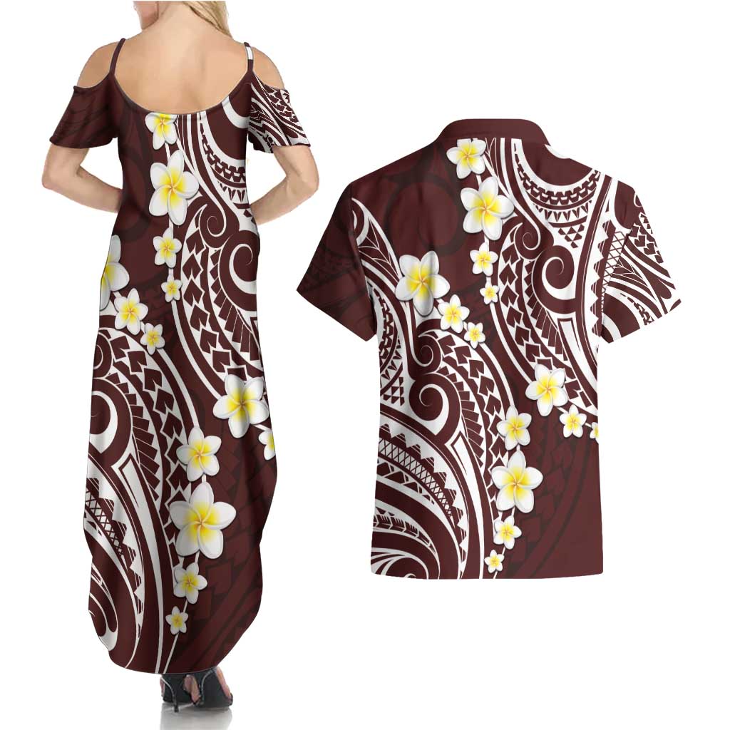 Plumeria With Oxblood Polynesian Tattoo Pattern Couples Matching Summer Maxi Dress and Hawaiian Shirt LT05 - Polynesian Pride