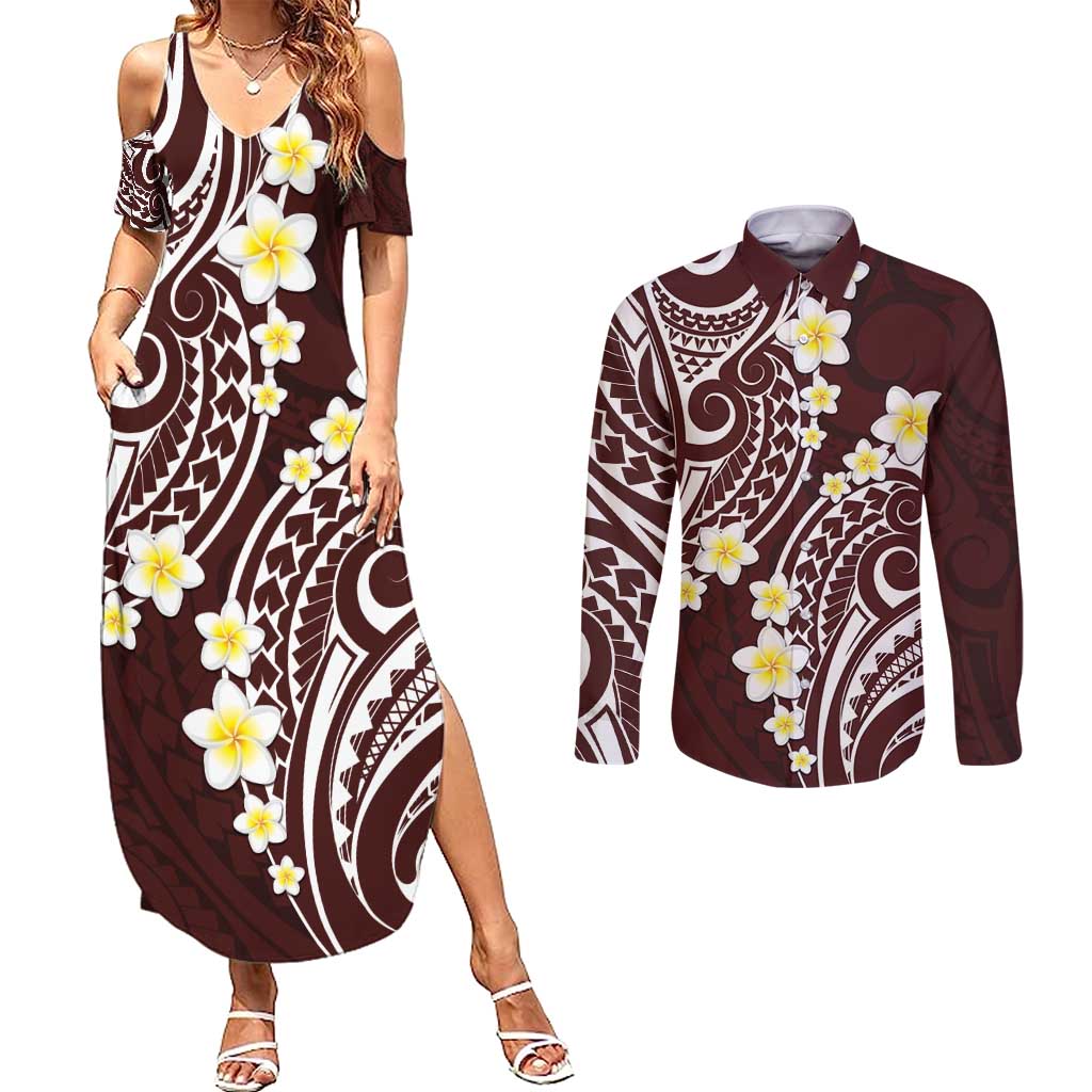 Plumeria With Oxblood Polynesian Tattoo Pattern Couples Matching Summer Maxi Dress and Long Sleeve Button Shirt LT05 Red - Polynesian Pride