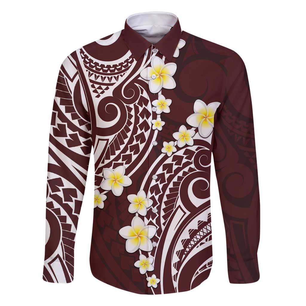 Plumeria With Oxblood Polynesian Tattoo Pattern Family Matching Off Shoulder Maxi Dress and Hawaiian Shirt