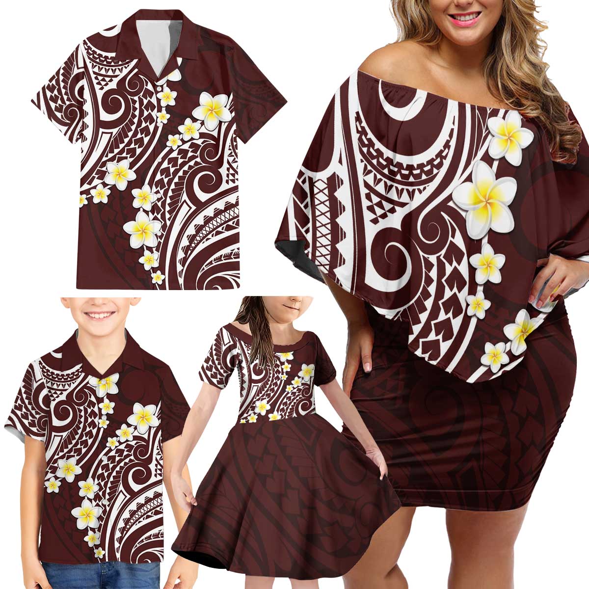 Plumeria With Oxblood Polynesian Tattoo Pattern Family Matching Off Shoulder Short Dress and Hawaiian Shirt