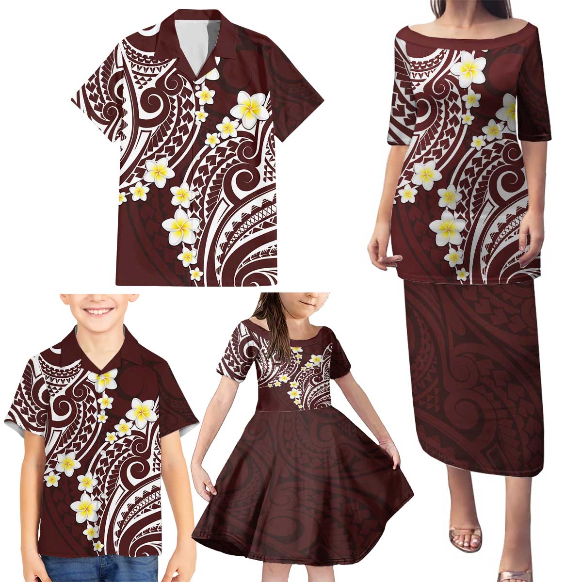 Plumeria With Oxblood Polynesian Tattoo Pattern Family Matching Puletasi and Hawaiian Shirt