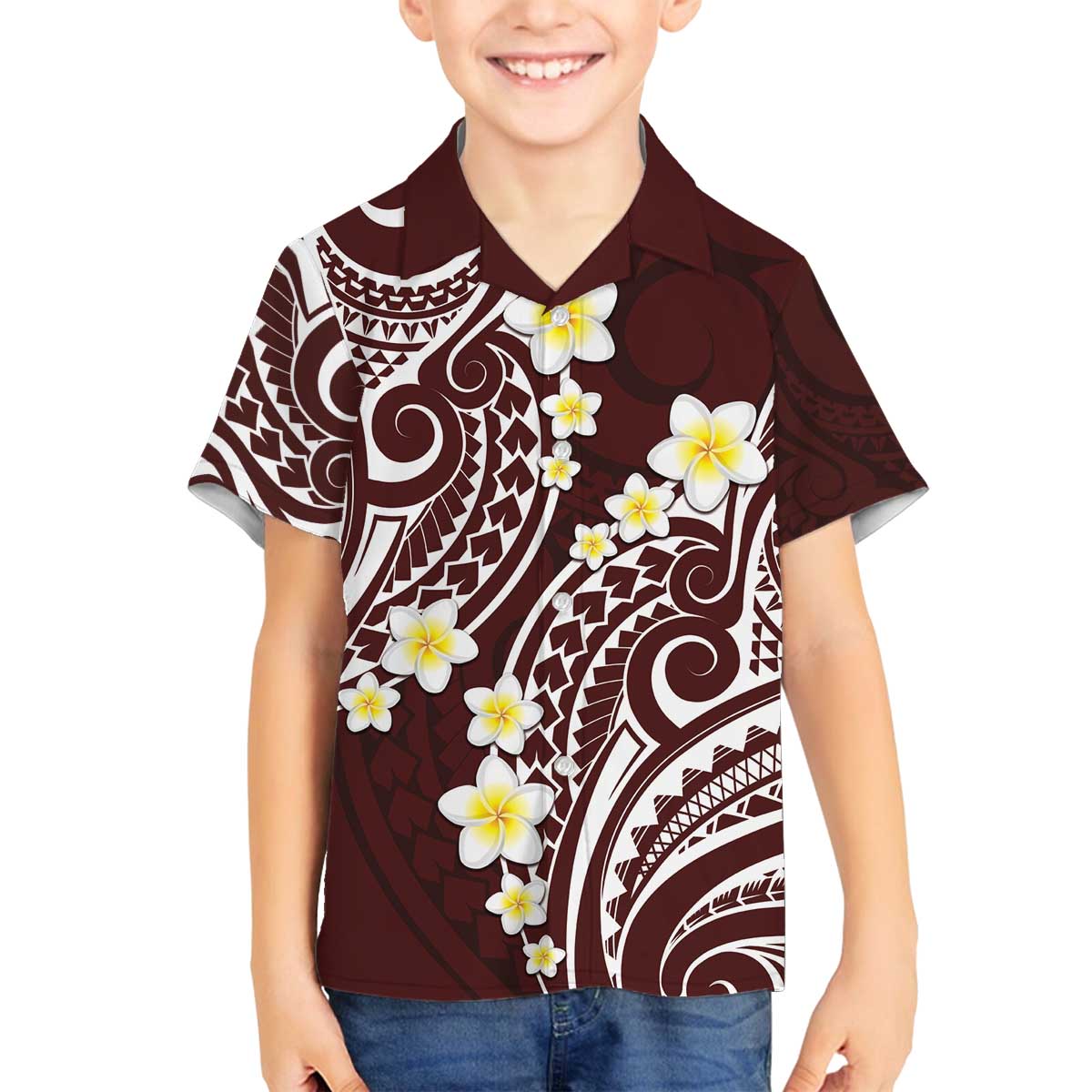 Plumeria With Oxblood Polynesian Tattoo Pattern Family Matching Puletasi and Hawaiian Shirt LT05 Son's Shirt Red - Polynesian Pride