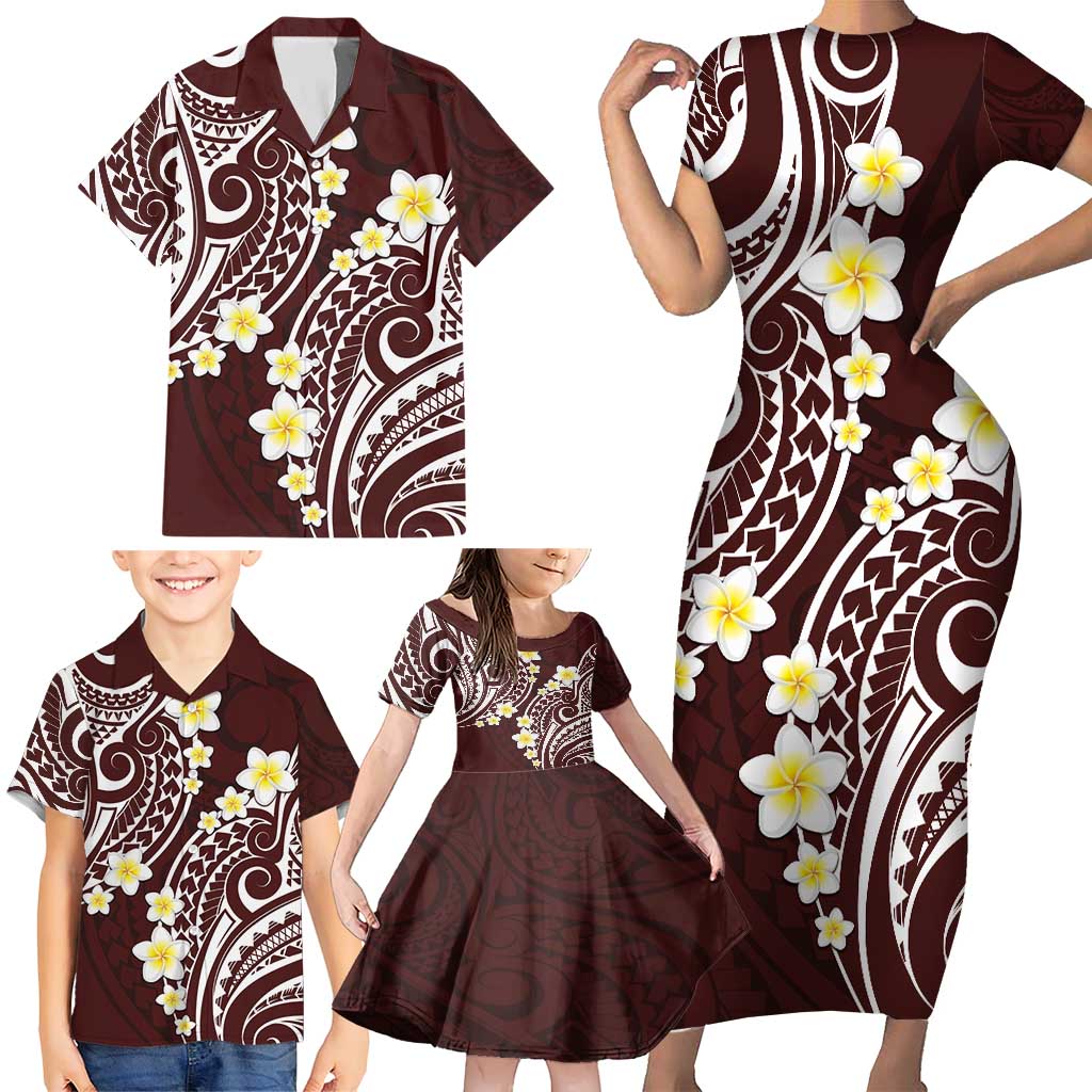 Plumeria With Oxblood Polynesian Tattoo Pattern Family Matching Short Sleeve Bodycon Dress and Hawaiian Shirt