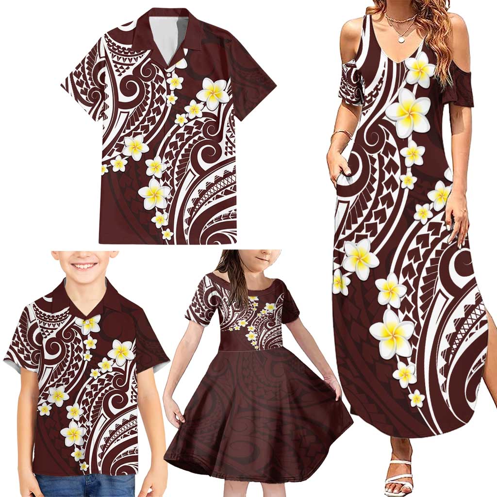 Plumeria With Oxblood Polynesian Tattoo Pattern Family Matching Summer Maxi Dress and Hawaiian Shirt