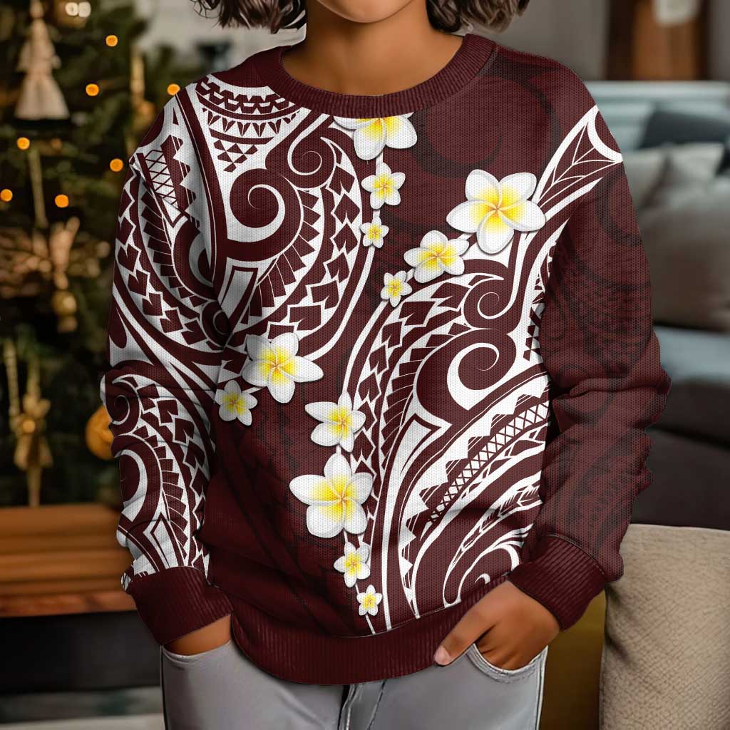 Plumeria With Oxblood Polynesian Tattoo Pattern Kid Ugly Christmas Sweater
