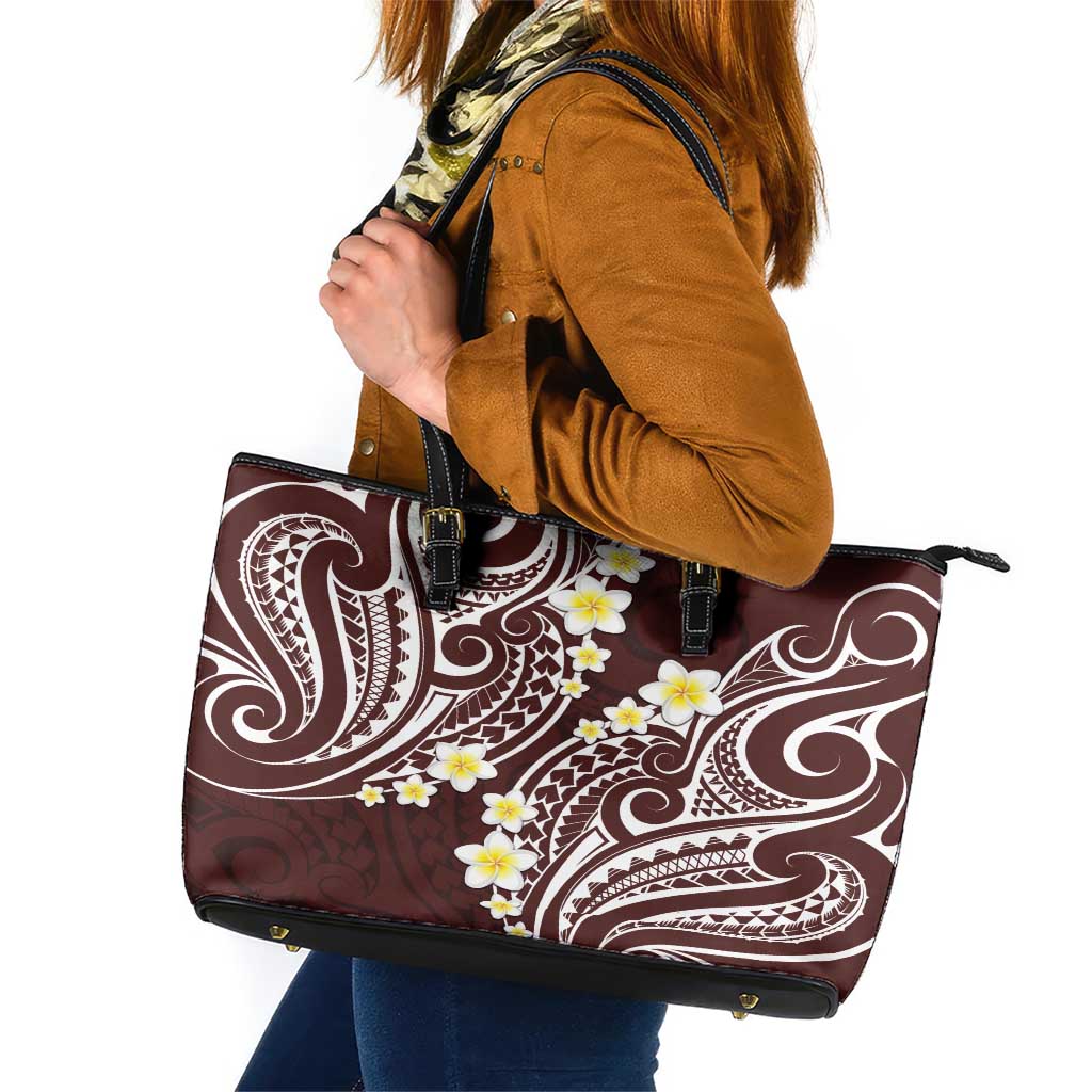 Plumeria With Oxblood Polynesian Tattoo Pattern Leather Tote Bag LT05 Red - Polynesian Pride