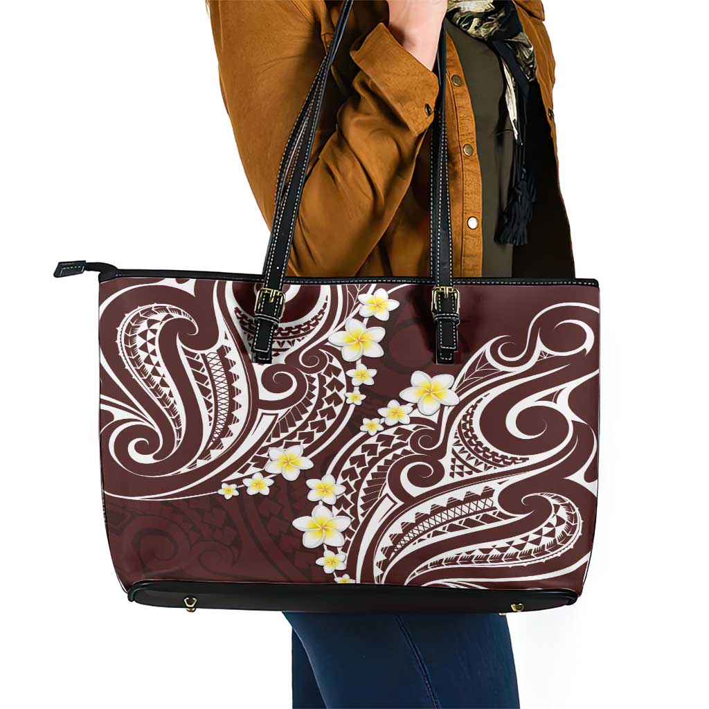 Plumeria With Oxblood Polynesian Tattoo Pattern Leather Tote Bag LT05 - Polynesian Pride