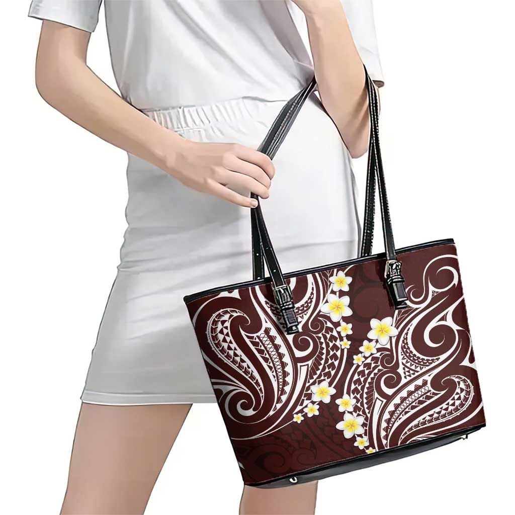 Plumeria With Oxblood Polynesian Tattoo Pattern Leather Tote Bag LT05 - Polynesian Pride