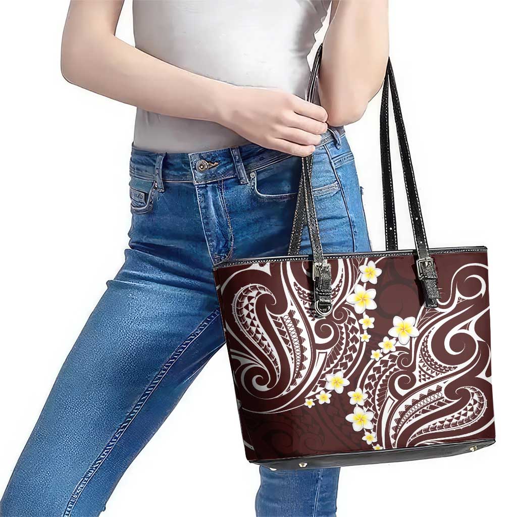 Plumeria With Oxblood Polynesian Tattoo Pattern Leather Tote Bag LT05 - Polynesian Pride