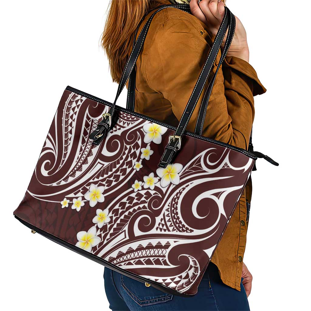 Plumeria With Oxblood Polynesian Tattoo Pattern Leather Tote Bag LT05 - Polynesian Pride