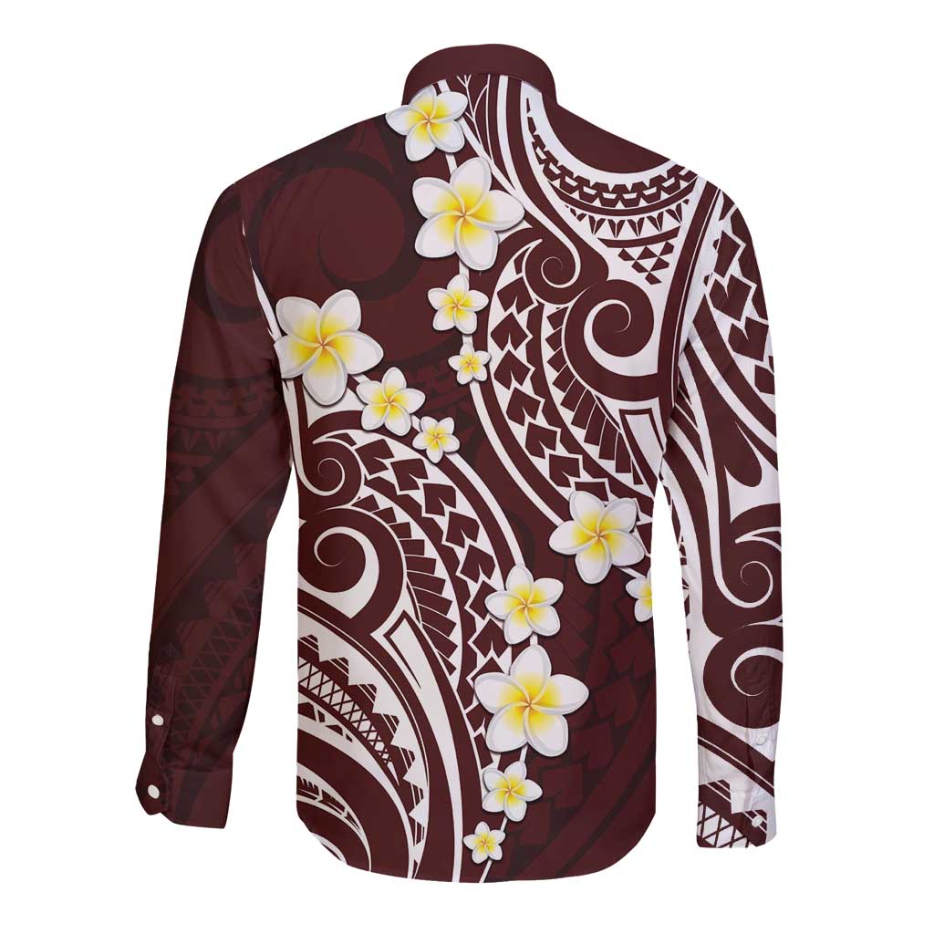Plumeria With Oxblood Polynesian Tattoo Pattern Long Sleeve Button Shirt