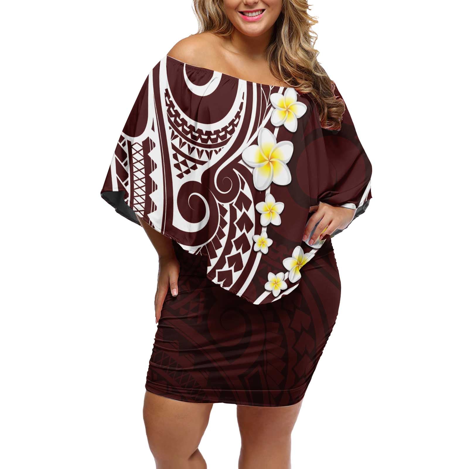 Plumeria With Oxblood Polynesian Tattoo Pattern Off Shoulder Short Dress