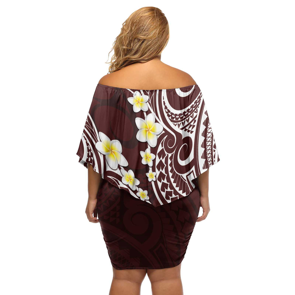Plumeria With Oxblood Polynesian Tattoo Pattern Off Shoulder Short Dress LT05 - Polynesian Pride