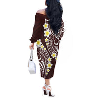 Plumeria With Oxblood Polynesian Tattoo Pattern Off The Shoulder Long Sleeve Dress LT05 - Polynesian Pride