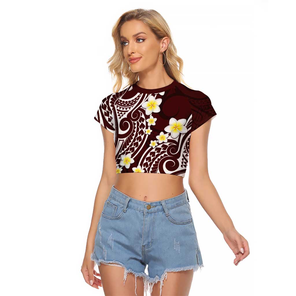 Plumeria With Oxblood Polynesian Tattoo Pattern Raglan Cropped T Shirt