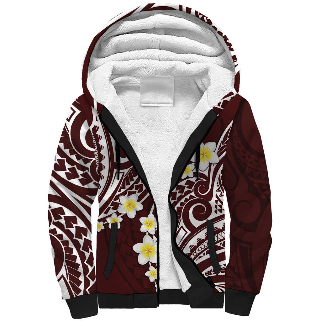 Plumeria With Oxblood Polynesian Tattoo Pattern Sherpa Hoodie LT05 Unisex Red - Polynesian Pride