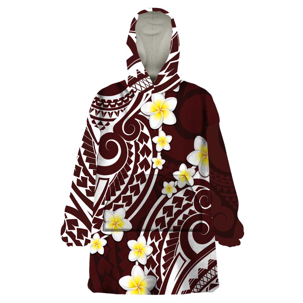 Plumeria With Oxblood Polynesian Tattoo Pattern Wearable Blanket Hoodie LT05 One Size Red - Polynesian Pride