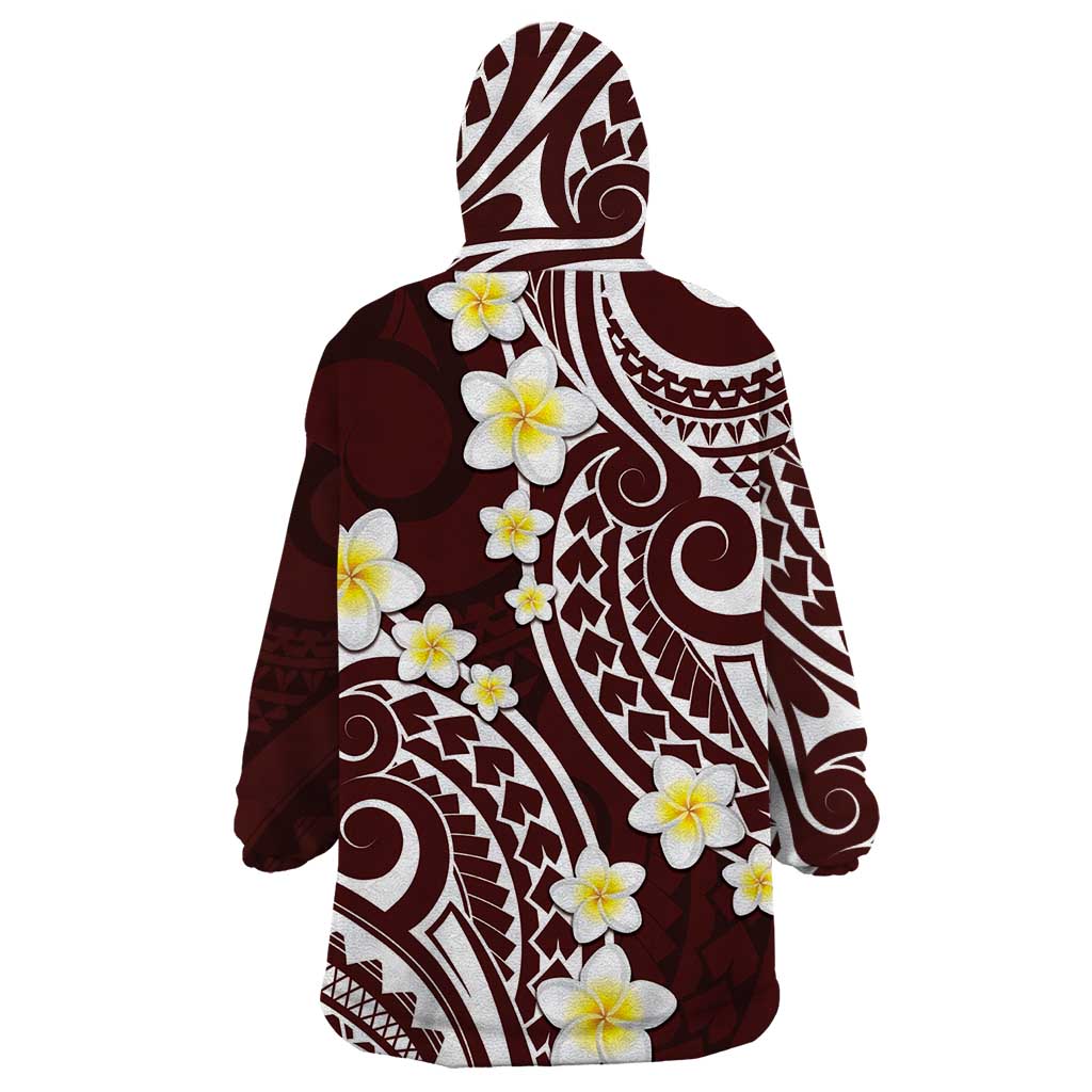 Plumeria With Oxblood Polynesian Tattoo Pattern Wearable Blanket Hoodie LT05 - Polynesian Pride