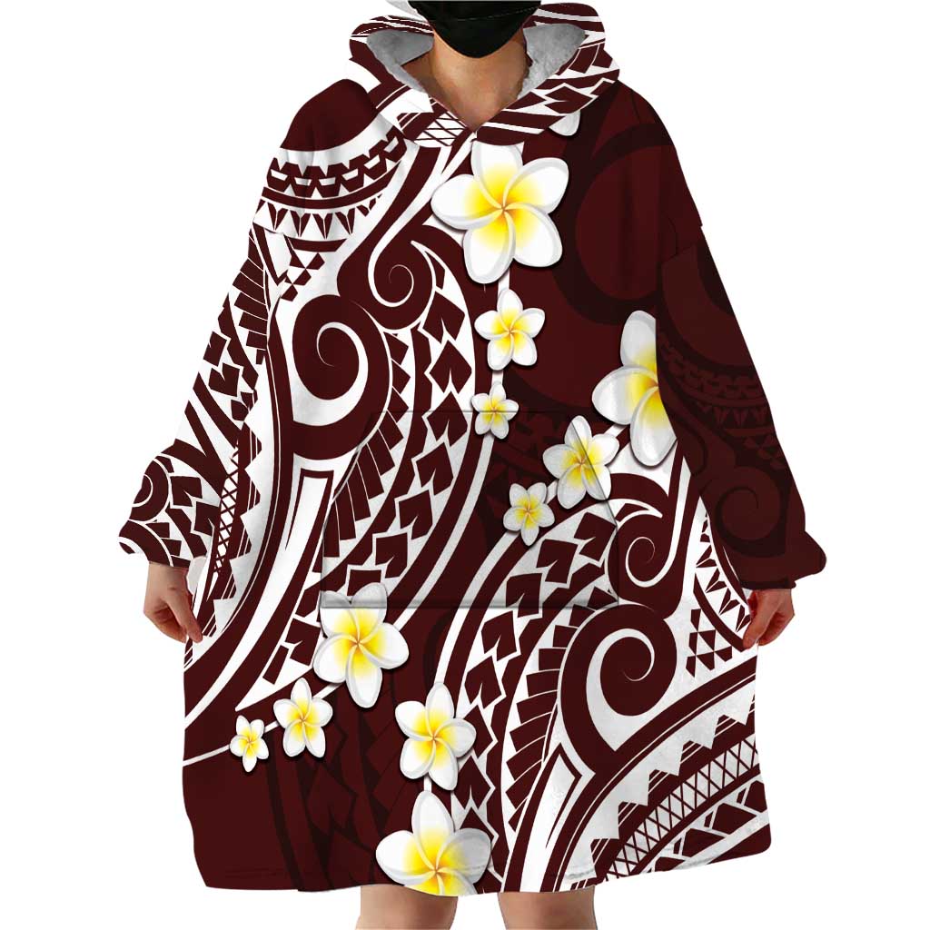 Plumeria With Oxblood Polynesian Tattoo Pattern Wearable Blanket Hoodie LT05 - Polynesian Pride