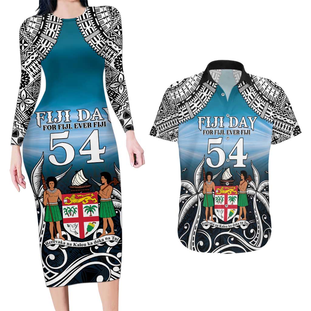 Personalised Happy 50th Fiji Day Couples Matching Long Sleeve Bodycon Dress and Hawaiian Shirt Forever Fiji With Tapa Tribal Pattern