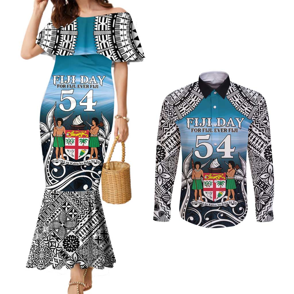 Personalised Happy 50th Fiji Day Couples Matching Mermaid Dress and Long Sleeve Button Shirt Forever Fiji With Tapa Tribal Pattern