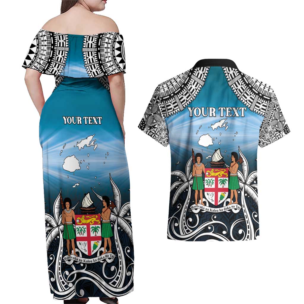 Personalised Happy 50th Fiji Day Couples Matching Off Shoulder Maxi Dress and Hawaiian Shirt Forever Fiji With Tapa Tribal Pattern