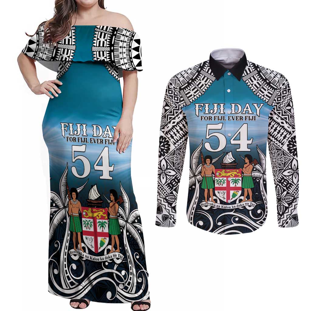 Personalised Happy 50th Fiji Day Couples Matching Off Shoulder Maxi Dress and Long Sleeve Button Shirt Forever Fiji With Tapa Tribal Pattern