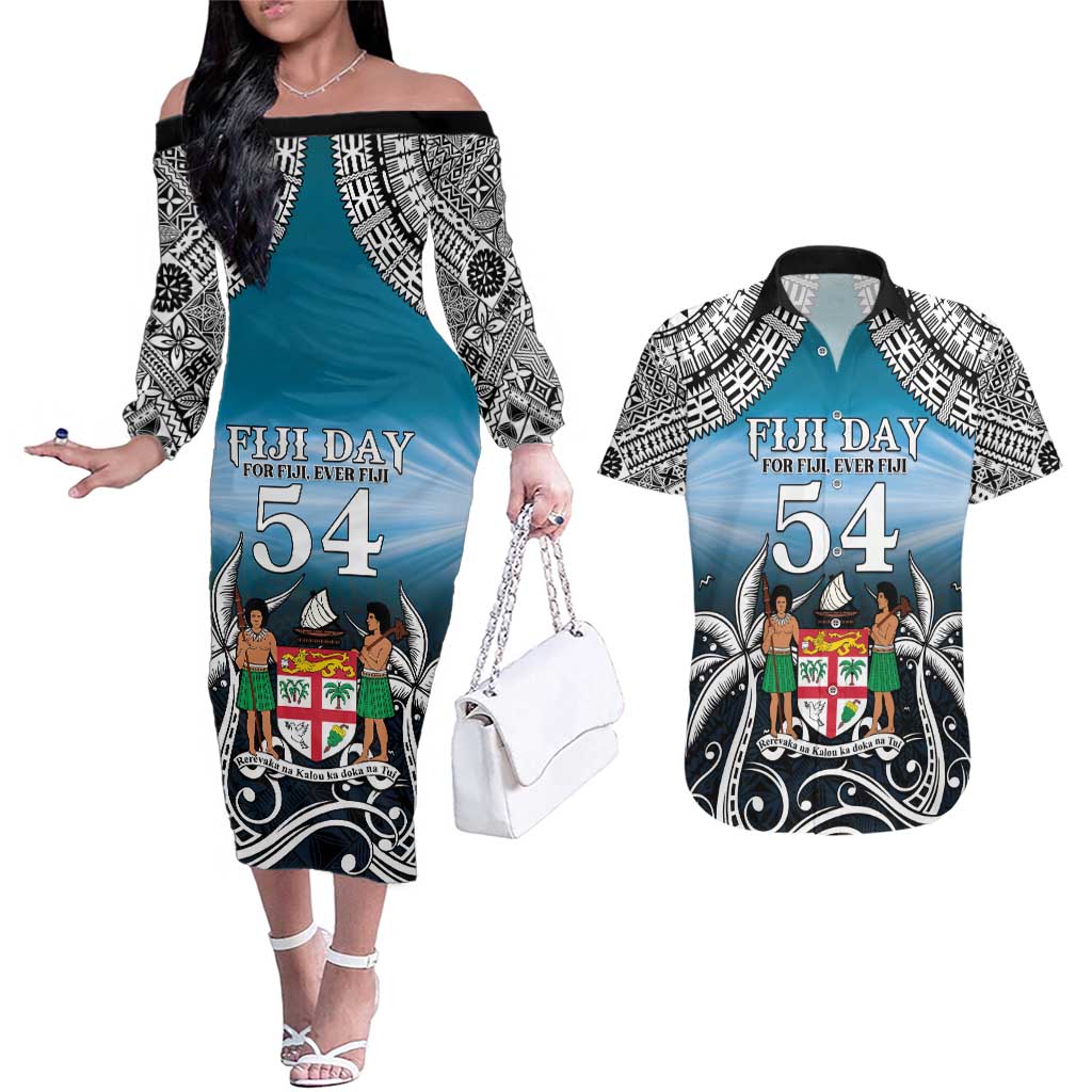 Personalised Happy 50th Fiji Day Couples Matching Off The Shoulder Long Sleeve Dress and Hawaiian Shirt Forever Fiji With Tapa Tribal Pattern