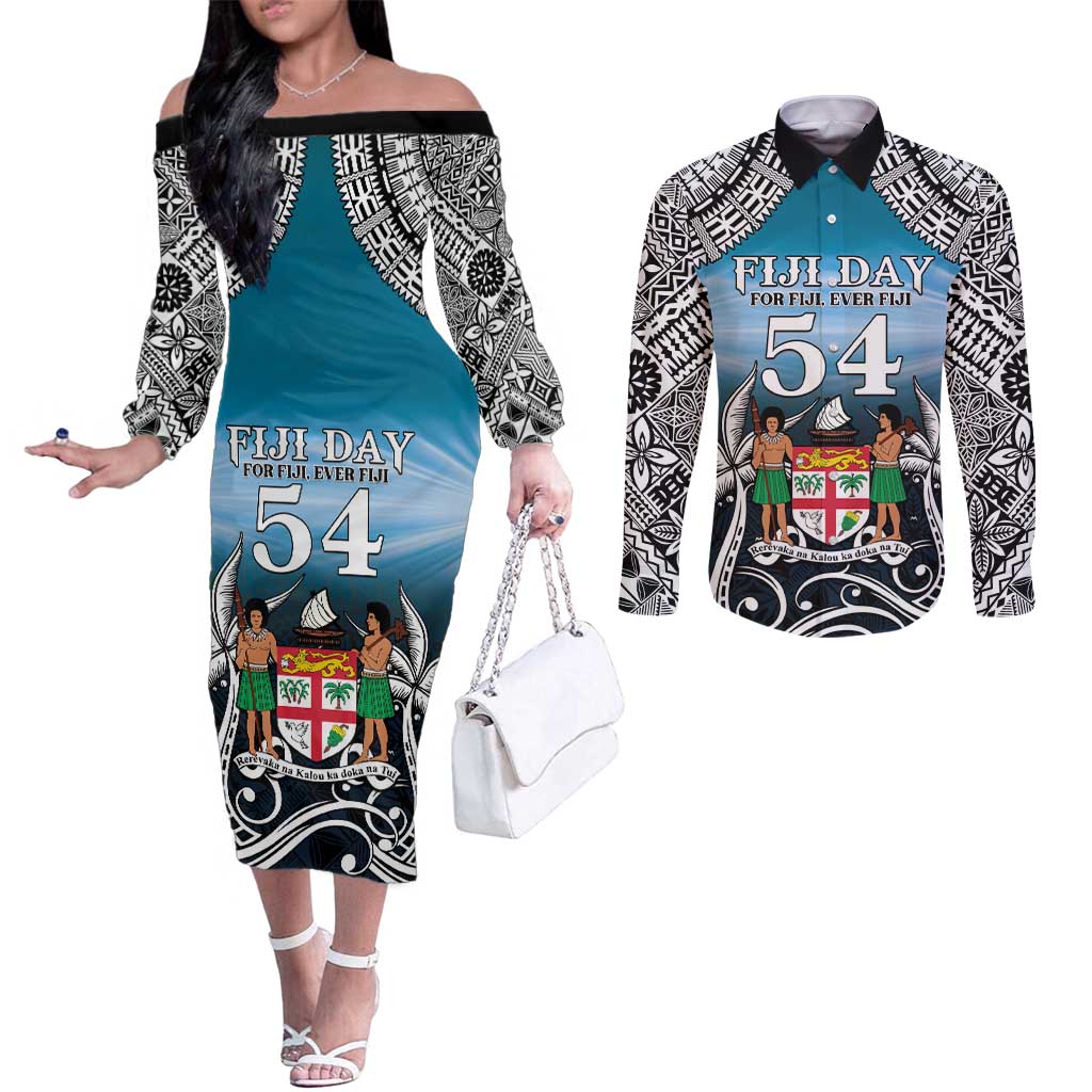 Personalised Happy 50th Fiji Day Couples Matching Off The Shoulder Long Sleeve Dress and Long Sleeve Button Shirt Forever Fiji With Tapa Tribal Pattern