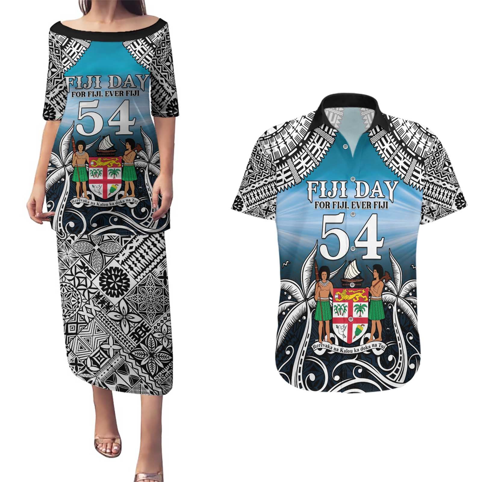 Personalised Happy 50th Fiji Day Couples Matching Puletasi and Hawaiian Shirt Forever Fiji With Tapa Tribal Pattern