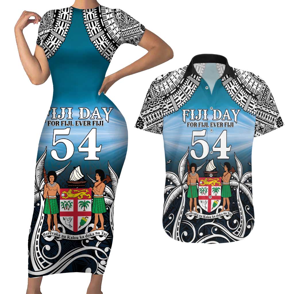 Personalised Happy 50th Fiji Day Couples Matching Short Sleeve Bodycon Dress and Hawaiian Shirt Forever Fiji With Tapa Tribal Pattern