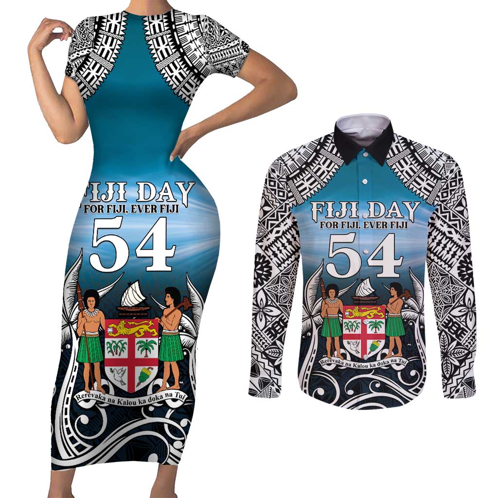 Personalised Happy 50th Fiji Day Couples Matching Short Sleeve Bodycon Dress and Long Sleeve Button Shirt Forever Fiji With Tapa Tribal Pattern