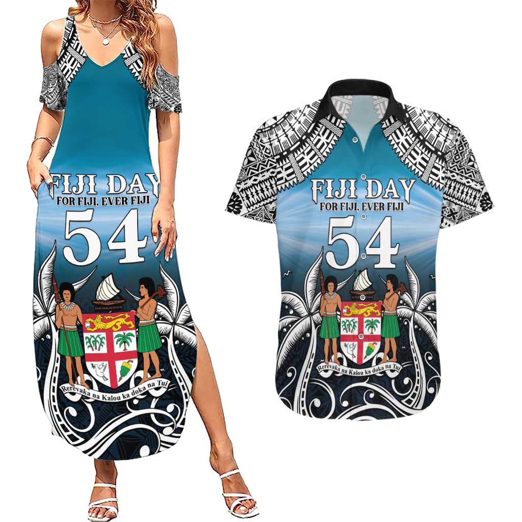 Personalised Happy 50th Fiji Day Couples Matching Summer Maxi Dress and Hawaiian Shirt Forever Fiji With Tapa Tribal Pattern