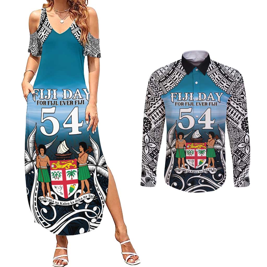 Personalised Happy 50th Fiji Day Couples Matching Summer Maxi Dress and Long Sleeve Button Shirt Forever Fiji With Tapa Tribal Pattern