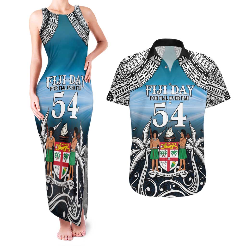 Personalised Happy 50th Fiji Day Couples Matching Tank Maxi Dress and Hawaiian Shirt Forever Fiji With Tapa Tribal Pattern