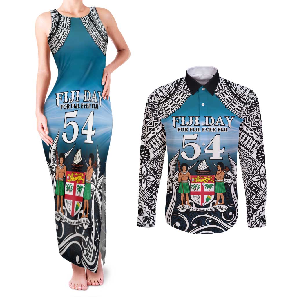 Personalised Happy 50th Fiji Day Couples Matching Tank Maxi Dress and Long Sleeve Button Shirt Forever Fiji With Tapa Tribal Pattern