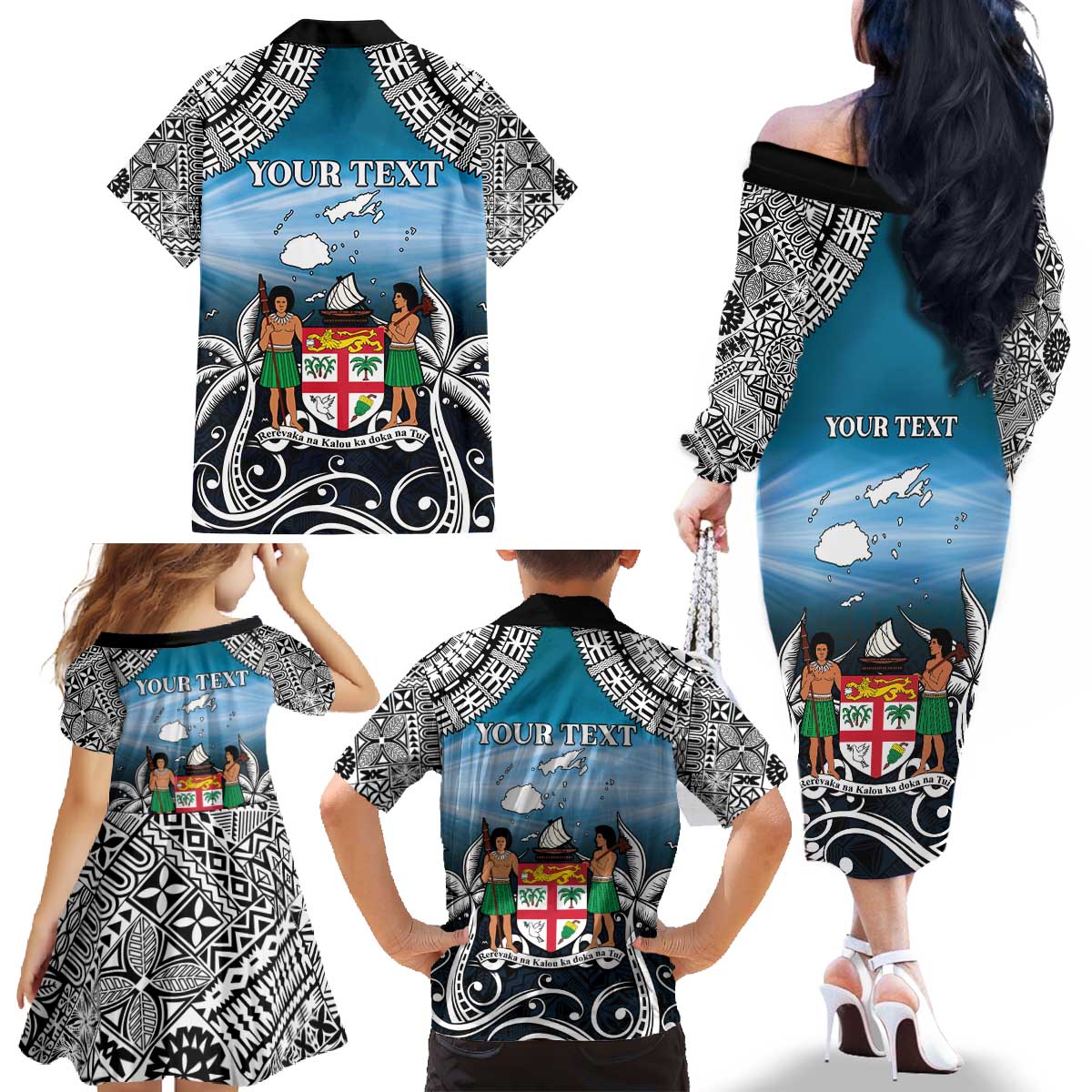 Personalised Happy 50th Fiji Day Family Matching Off The Shoulder Long Sleeve Dress and Hawaiian Shirt Forever Fiji With Tapa Tribal Pattern