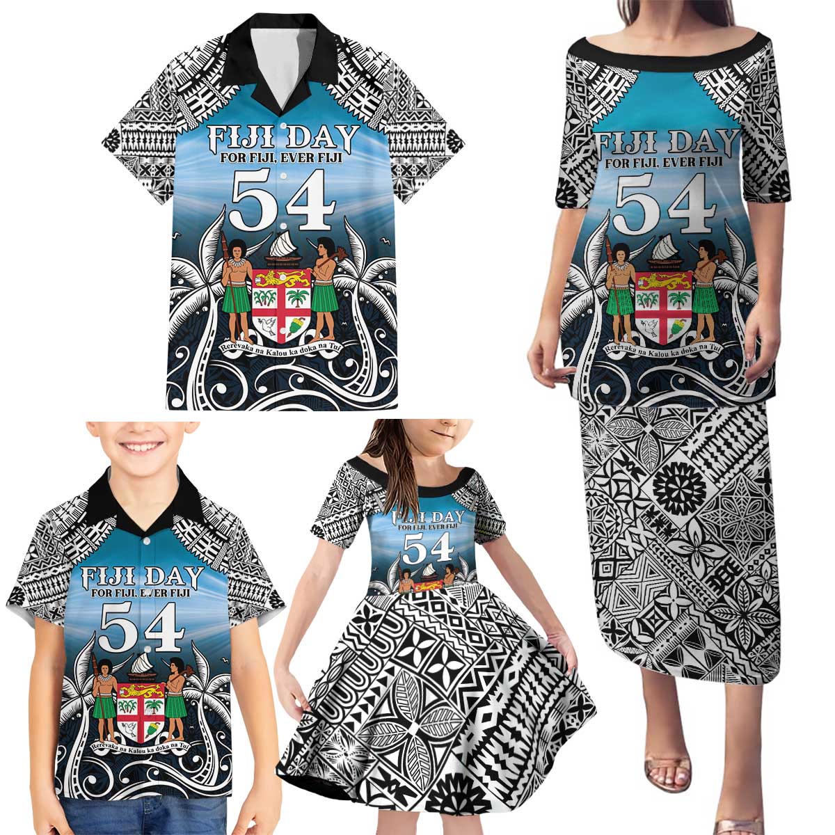 Personalised Happy 50th Fiji Day Family Matching Puletasi and Hawaiian Shirt Forever Fiji With Tapa Tribal Pattern