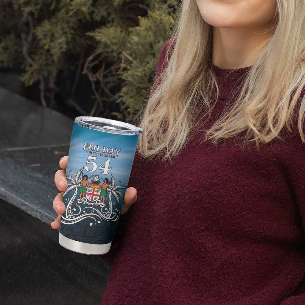 Personalised Happy 54th Fiji Day Tumbler Cup Forever Fiji With Tapa Tribal Pattern LT05 - Polynesian Pride