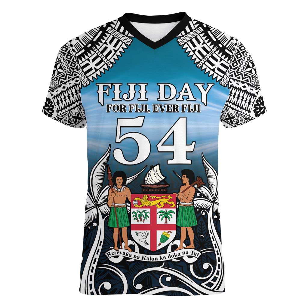 Personalised Happy 50th Fiji Day Women V-Neck T-Shirt Forever Fiji With Tapa Tribal Pattern