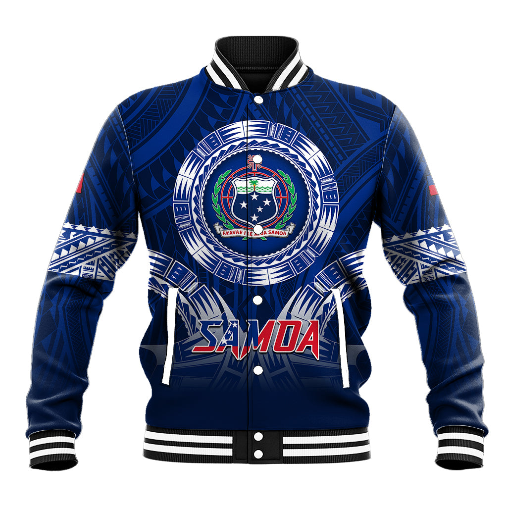 Samoa Rugby Baseball Jacket World Cup 2023 Coat Of Arms With Polynesian Pattern LT05 Unisex Blue - Polynesian Pride