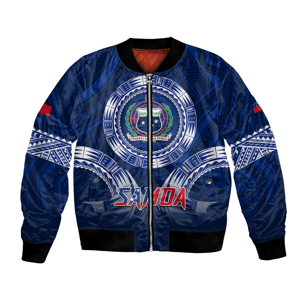 Samoa Rugby Bomber Jacket World Cup 2023 Coat Of Arms With Polynesian Pattern LT05 Unisex Blue - Polynesian Pride