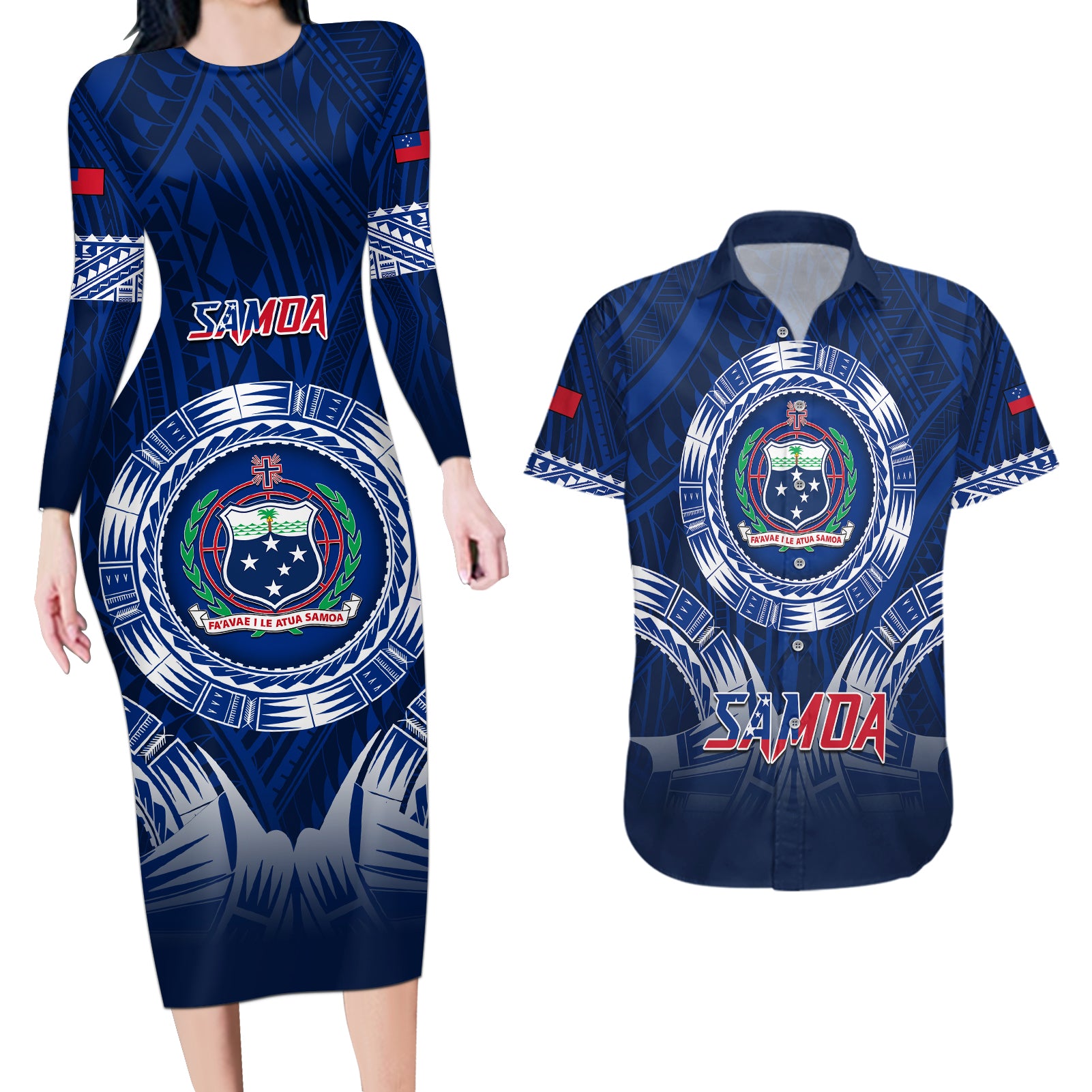 Samoa Rugby Couples Matching Long Sleeve Bodycon Dress and Hawaiian Shirt World Cup 2023 Coat Of Arms With Polynesian Pattern LT05 Blue - Polynesian Pride