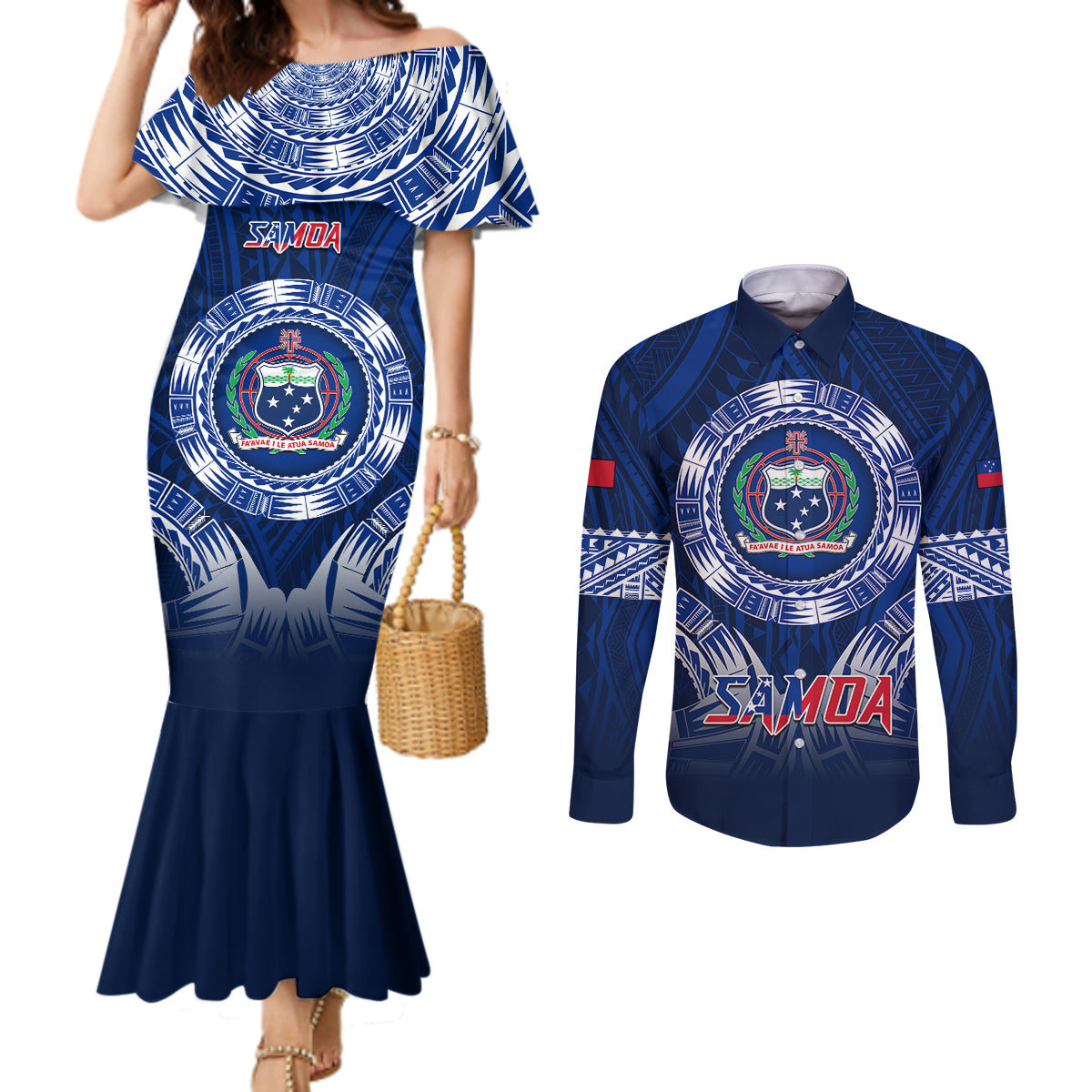 Samoa Rugby Couples Matching Mermaid Dress and Long Sleeve Button Shirts World Cup 2023 Coat Of Arms With Polynesian Pattern LT05 Blue - Polynesian Pride